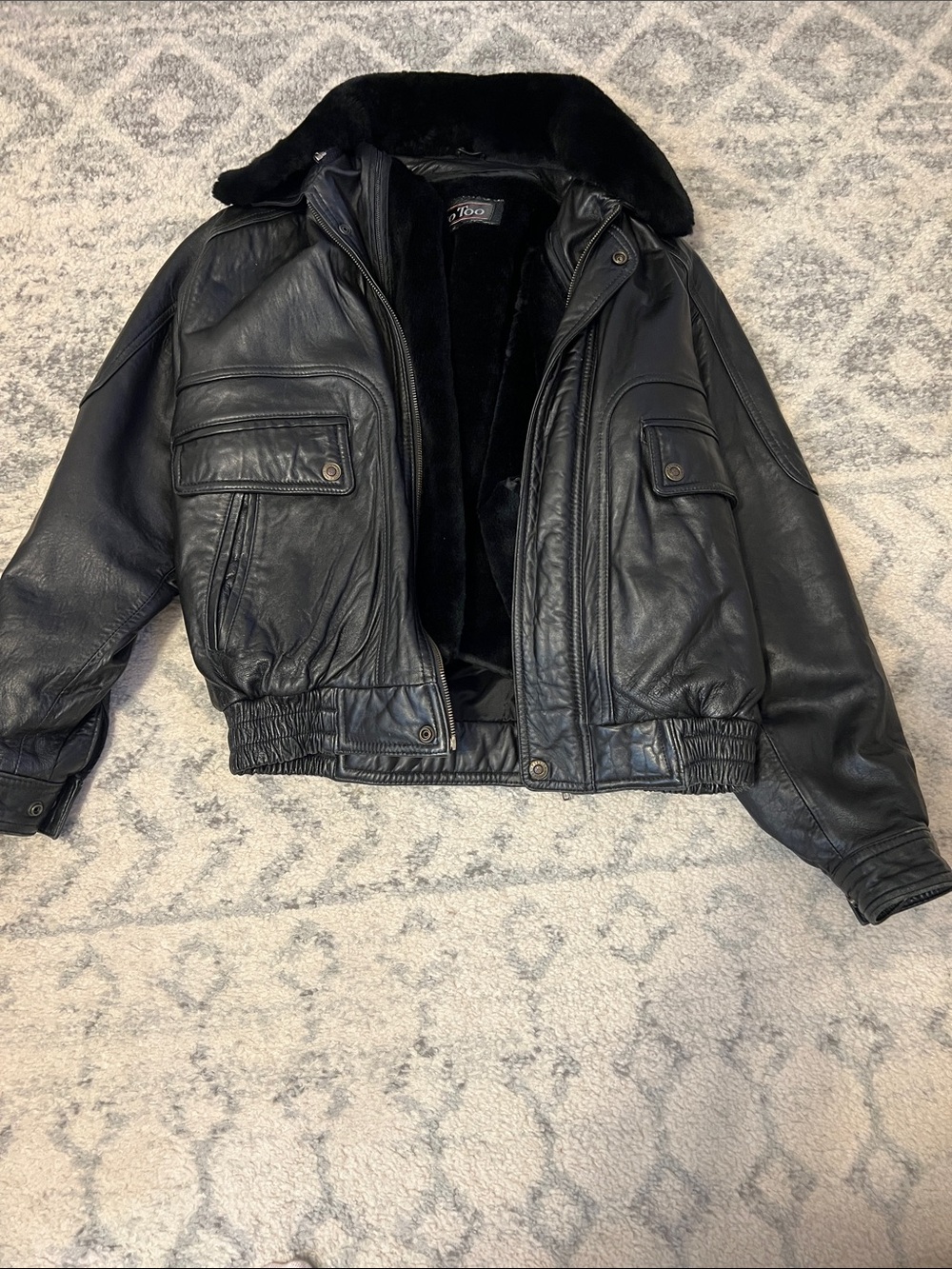 Black Leather Bomber Jacket with Faux Fur Collar